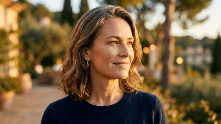 A hyper-realistic, 8k professional portrait of a radiant middle-aged woman captured with an 85mm prime lens, creating a shallow depth of field that elegantly blurs the warm, sun-drenched Mediterranean garden background. The composition focuses on her soft, natural expression as golden hour sunlight grazes her features from the side, accentuating her refined facial structure and the subtle, healthy texture of her skin. She is dressed in a minimalist, high-quality navy blue knit sweater that provides a sophisticated contrast to the luminous, amber-toned lighting. The atmosphere is serene and luxurious, with the backlighting creating a soft halo effect around her salt-and-pepper hair, emphasizing an aura of effortless elegance and timeless beauty.