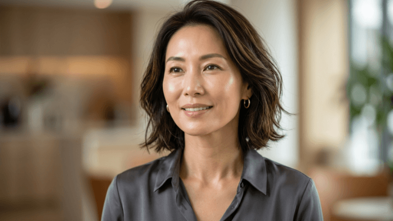 A hyper-realistic 8K portrait of a middle-aged East Asian woman captured with an 85mm prime lens, creating a shallow depth of field that crisply isolates her features against a softly blurred, sophisticated residential interior. The lighting is masterfully diffused, casting gentle highlights across her high cheekbones and providing a luminous, hydrated glow to her skin texture, which exhibits subtle, natural micro-details. She is wearing a high-quality, muted slate-grey satin blouse that elegantly catches the ambient light with soft sheens. Her expression is serene and contemplative, embodying a refined and confident aesthetic. The composition is balanced and clean, emphasizing a polished, editorial professional look with a soft color palette that suggests warmth and luxury.