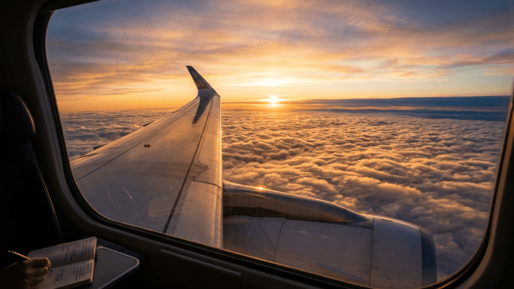 A breathtaking, hyper-realistic 8K travel editorial shot captured through an aircraft window. The lens choice—likely a wide-angle prime—provides a deep depth of field, framing the sweeping, golden-hour horizon where the sun kisses a sea of dense, textured clouds. The light is soft and atmospheric, characterized by the warm, diffused glow of sunset that creates a serene, cinematic ambiance. In the foreground, the edge of the aircraft wing, rendered with metallic precision, cuts through the frame, while a glimpse of a passenger’s hand holding a pen over a notebook highlights a moment of quiet introspection. The composition evokes a sense of luxurious, elevated travel, with the interior shadow grounding the expansive, ethereal sky. No human figure is fully present; instead, the focus remains on the interplay between man-made engineering and the sublime, natural beauty of the upper atmosphere.