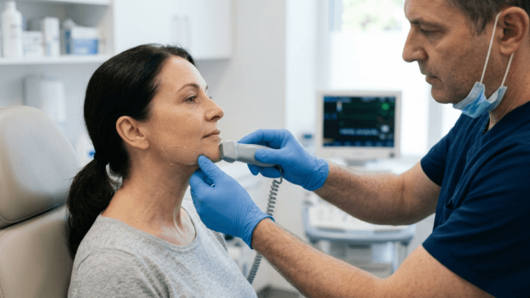 A professional, clinical-grade medical photograph captured with a sharp 85mm macro lens, delivering a high-resolution, hyper-realistic depiction of a dermatological procedure. The lighting is soft and diffused, characteristic of a sterile medical environment, evenly illuminating the subjects and emphasizing the clean, professional atmosphere. In the frame, a female patient with a composed, neutral expression sits in a medical chair, while a male practitioner, wearing a professional navy-blue scrub top and a medical face mask, performs a diagnostic ultrasound on her jawline. The practitioner wears bright blue nitrile gloves, providing a clear contrast against the patient's skin and the diagnostic equipment. The patient’s skin texture is natural, with a thin layer of conductive ultrasound gel visible, reflecting the clinical lighting. The background is softly blurred, showing a sterile, light-filled office space with a computer monitor displaying medical data, enhancing the focused, healthcare-oriented narrative of the composition.
