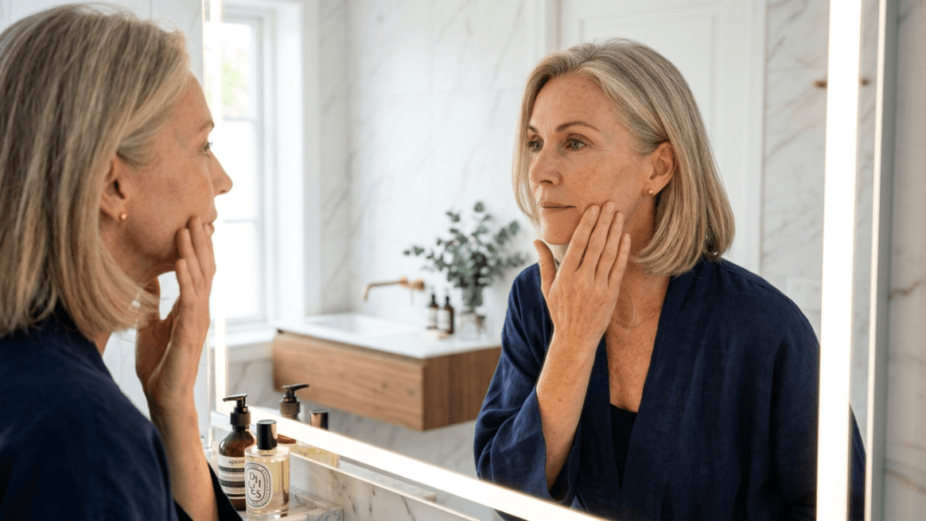 A hyper-realistic 8K editorial portrait of a sophisticated, middle-aged woman with silver-blonde hair, captured with an 85mm portrait lens to achieve a shallow depth of field. The lighting is soft and diffused, emanating from the LED strip of a bathroom mirror, creating a gentle halo effect that highlights the natural texture and subtle luminescence of her skin. She is reflected in the mirror, looking at herself with a gentle, contemplative expression while touching her cheek. She wears a deep navy-blue robe made of premium, textured linen, emphasizing a refined, understated aesthetic. The background features a serene, minimalist modern bathroom with marble surfaces and warm wooden accents, creating a luxurious and intimate atmosphere. The composition focuses on the intersection of reality and reflection, showcasing micro-details in her complexion and the serene, quiet confidence of her gaze.