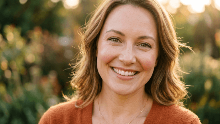 A hyper-realistic, 8K professional portrait of a radiant woman with warm-toned, shoulder-length hair. Captured with an 85mm portrait lens, the shot exhibits a shallow depth of field that softens the lush, sun-drenched garden background. The lighting is characterized by a soft, golden-hour natural glow that accentuates her features, highlighting her genuine, beaming smile and subtle freckles. She is wearing a soft, textured rust-colored sweater that complements the warm, autumnal color palette. The image quality is crisp, focusing on the clarity of her eyes and the natural luminescence of her complexion, creating an inviting, serene, and sophisticated editorial aesthetic.