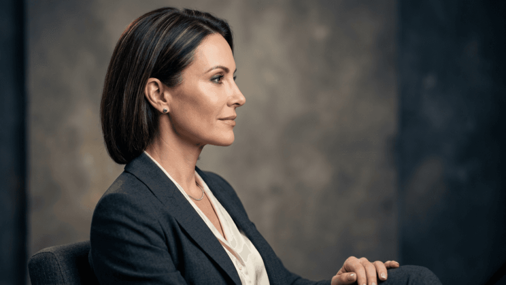 A hyper-realistic 8K studio portrait of an elegant woman captured with an 85mm prime lens, showcasing a shallow depth of field. The lighting is sophisticated and directional, utilizing soft-key illumination that creates a subtle, flattering contour along the jawline and profile. The subject, a woman with poised posture, is dressed in a professional charcoal wool blazer over a cream-colored silk blouse, exuding an air of understated luxury. Her skin exhibits a natural, healthy luminosity with refined texture, free of imperfections. The background is a muted, abstract grey canvas with organic, moody textures that provide a cinematic, noir-inspired atmosphere, keeping the focus entirely on the subject's serene and confident expression.