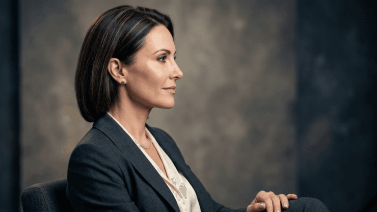 A hyper-realistic 8K studio portrait of an elegant woman captured with an 85mm prime lens, showcasing a shallow depth of field. The lighting is sophisticated and directional, utilizing soft-key illumination that creates a subtle, flattering contour along the jawline and profile. The subject, a woman with poised posture, is dressed in a professional charcoal wool blazer over a cream-colored silk blouse, exuding an air of understated luxury. Her skin exhibits a natural, healthy luminosity with refined texture, free of imperfections. The background is a muted, abstract grey canvas with organic, moody textures that provide a cinematic, noir-inspired atmosphere, keeping the focus entirely on the subject's serene and confident expression.