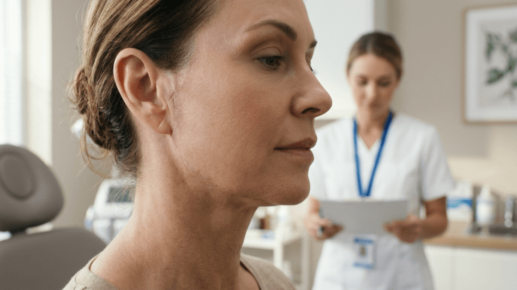 A hyper-realistic, clinical portrait captured with a high-fidelity 85mm prime lens, focusing on the refined profile of a mature female patient in a medical setting. The lighting is soft and diffused, characteristic of professional medical photography, which emphasizes the subtle texture of the skin and a serene facial expression. The focus is razor-sharp on the patient's jawline and skin surface, showcasing natural pores and a matte, healthy complexion, while the background features a blurred healthcare professional holding a chart, establishing a professional and trustworthy clinical atmosphere. The patient is wearing neutral, lightweight clinical attire, and the overall composition follows an editorial style, prioritizing clarity, aesthetic precision, and a sterile, high-end medical environment.