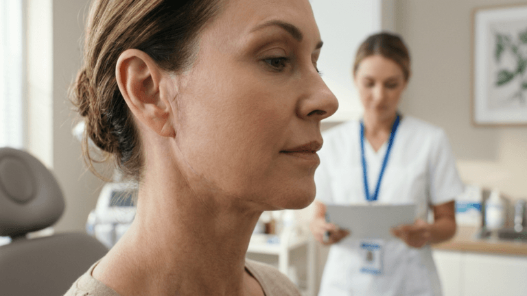 A hyper-realistic, clinical portrait captured with a high-fidelity 85mm prime lens, focusing on the refined profile of a mature female patient in a medical setting. The lighting is soft and diffused, characteristic of professional medical photography, which emphasizes the subtle texture of the skin and a serene facial expression. The focus is razor-sharp on the patient's jawline and skin surface, showcasing natural pores and a matte, healthy complexion, while the background features a blurred healthcare professional holding a chart, establishing a professional and trustworthy clinical atmosphere. The patient is wearing neutral, lightweight clinical attire, and the overall composition follows an editorial style, prioritizing clarity, aesthetic precision, and a sterile, high-end medical environment.