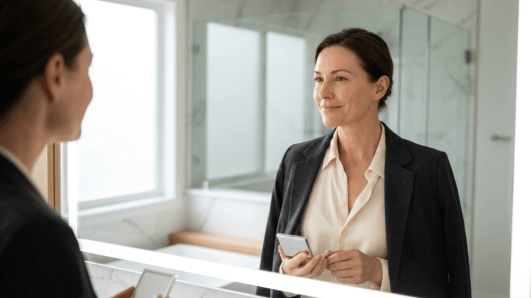 A sophisticated, hyper-realistic 8K editorial shot captured with an 85mm lens, focusing on a professional woman as she gazes into a bathroom mirror. The lighting is soft and diffused, creating a flattering, luminous glow on her skin and emphasizing her elegant, composed posture. She is dressed in a tailored, charcoal-grey blazer over a crisp, cream-colored silk blouse, exuding a sense of refined corporate luxury. Her reflection is sharp, highlighting the subtle textures of her attire and the clean, marble-clad backdrop of a modern, high-end bathroom. The composition utilizes the mirror's surface to create a sense of quiet, intimate reflection, with the overall atmosphere being one of modern professionalism and poised self-assurance.