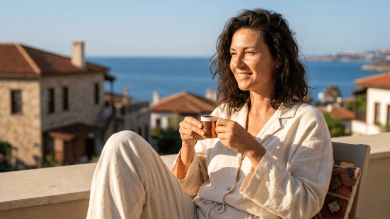 This hyper-realistic, 8k editorial portrait captures a serene woman basking in the golden hour light on a Mediterranean terrace. Shot with an 85mm prime lens for a flattering compression and shallow depth of field, the image emphasizes sharp facial features against a softly blurred coastal backdrop. The natural, warm sunlight strikes from the side, creating a luminous glow on her skin and highlighting her relaxed, contemplative posture. She is dressed in a light, breathable linen ensemble that suggests effortless elegance. The composition focuses on her genuine expression and the tactile quality of the fabric, while the background—a mix of rustic stone architecture and deep blue sea—evokes a luxury travel aesthetic. Every detail, from the gentle texture of her hair to the soft diffusion of the ambient light, conveys a sense of peaceful sophistication and high-end lifestyle photography.