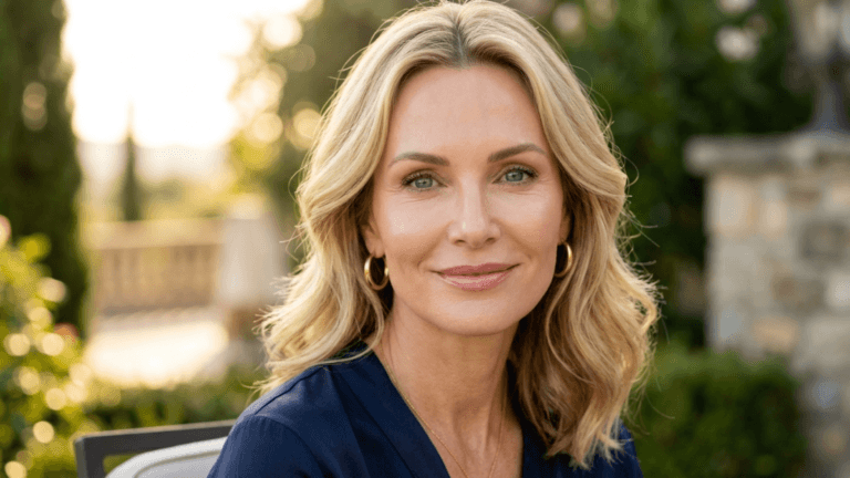 A hyper-realistic, 8K professional portrait of a radiant middle-aged woman with blonde hair, captured with an 85mm prime lens to emphasize a shallow depth of field. The lighting is soft and warm, utilizing golden hour natural side-lighting that beautifully contours her features and creates a gentle luminescence on her skin. She is centered in the frame, exuding a sophisticated and approachable aura. Her skin texture is depicted with incredible fidelity, showing natural clarity. She is dressed in an elegant dark blue garment, accessorized with simple gold hoop earrings that catch the ambient light. The background features a soft-focus, luxurious outdoor garden setting with warm, bokeh light flares, reinforcing a serene and high-end editorial aesthetic.