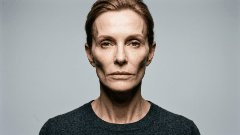 A hyper-realistic, 8K professional editorial portrait featuring a woman with a striking, symmetrical face, captured with an 85mm macro lens to emphasize facial structural definition. The lighting is deliberate and dramatic, utilizing hard side-lighting to cast subtle, contouring shadows beneath the cheekbones and jawline, accentuating her chiseled anatomy and intense, direct gaze. Her skin texture is rendered with clinical precision, revealing natural pores and a matte finish with a subtle, healthy luminescence. She is dressed in a minimalist, high-quality charcoal wool-knit sweater, providing a tactile contrast to the smooth skin. The composition is a centered, head-and-shoulders frame against a seamless, muted slate-grey background, evoking a clean, modern, and high-fashion editorial aesthetic.
