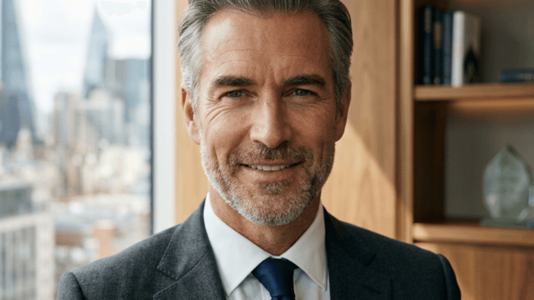 A professional, hyper-realistic 8k portrait of a middle-aged man with salt-and-pepper hair, captured with an 85mm prime lens for a shallow depth of field. He is dressed in a charcoal grey tailored wool suit and a crisp white shirt with a navy blue tie, exuding a sophisticated executive aura. The lighting is soft and natural, streaming from an adjacent window to create subtle, flattering highlights on his facial contours and emphasize his well-defined features. His skin texture is rendered with exquisite detail, showing natural pores and authentic age-related character, conveying wisdom and confidence. The composition is a classic professional headshot set against a blurred, upscale office interior with wood shelving and a distant city skyline visible through the window, evoking a refined, corporate atmosphere.