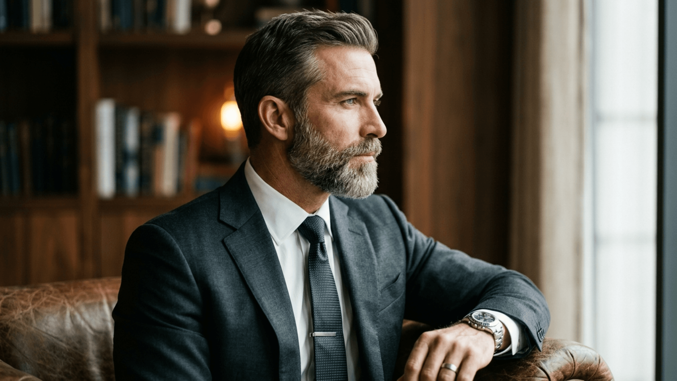A hyper-realistic 8K portrait of a distinguished middle-aged man, captured with an 85mm prime lens for a shallow depth of field. The subject exudes executive authority, featuring well-groomed salt-and-pepper hair and a precisely sculpted beard, seated in a relaxed yet commanding pose. He is dressed in a tailored charcoal-grey wool-blend suit, paired with a crisp white shirt and a dark, micro-patterned silk tie accented by a sleek silver tie bar. His wrist is adorned with a luxury stainless steel chronograph watch. The lighting is masterfully cinematic, utilizing soft, natural light from a side window to sculpt his facial bone structure while leaving subtle, sophisticated shadows. His skin texture is rendered with exquisite detail, highlighting natural pores and a healthy luminescence. The background consists of a warm, blurred library setting with dark wood tones and shelves of books, evoking a timeless, scholarly, and opulent atmosphere.