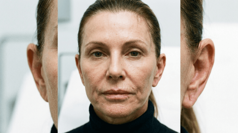 A high-resolution, professional medical portrait captured with a sharp 85mm macro lens, delivering hyper-realistic clarity that accentuates the subject's natural facial features. The lighting is clinical and uniform, front-facing with soft-box diffusion, eliminating harsh shadows to provide a clear, accurate depiction of the subject's skin texture and facial anatomy. The subject is a woman with a calm, neutral expression, positioned in a centered, symmetrical composition. Her skin displays natural, realistic pores and fine lines, captured with high fidelity. She is wearing a minimalist black turtleneck, which creates a stark, professional contrast against the bright, clean, sterile white background of a clinical setting. The image serves as an objective, detailed study of facial structure and dermatological integrity, typical of high-end plastic surgery consultation photography.