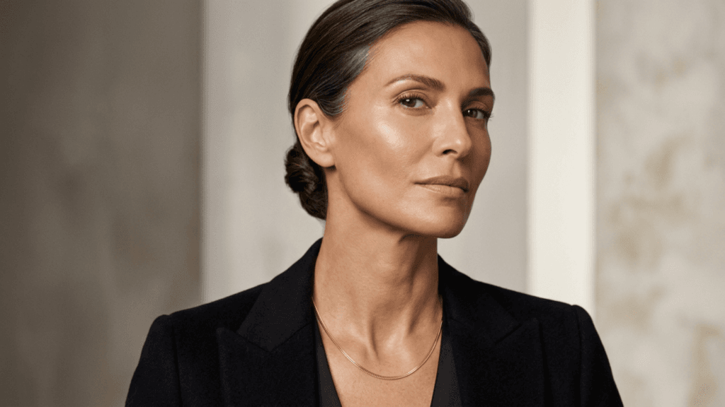 A hyper-realistic, 8k editorial portrait of an elegant woman captured with an 85mm prime lens, emphasizing exquisite detail and shallow depth of field. The lighting is masterfully executed with a soft, directional side-light that sculpts her refined facial features, highlighting defined cheekbones and a serene, composed expression. Her skin displays a natural, healthy luminosity with subtle, lifelike texture, reflecting light with a subtle dewiness. She is styled in a minimalist, sharp-shouldered black blazer made of a fine, premium wool-blend fabric, complemented by a delicate, high-polish gold herringbone chain necklace that rests gracefully at her neck. The composition is a tightly framed mid-shot, set against a blurred, sophisticated, neutral-toned architectural background that evokes a sense of modern luxury and professional poise. The overall atmosphere is one of timeless sophistication, clean aesthetic, and high-end fashion portraiture.