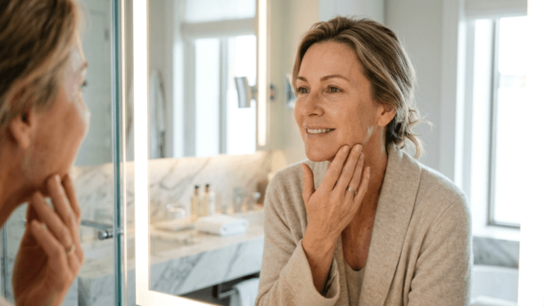 A hyper-realistic, 8K professional portrait of a woman in her mature years, captured with an 85mm portrait lens to emphasize delicate facial features and a shallow depth of field. The lighting is soft yet deliberate, utilizing the diffuse, ethereal glow of a backlit bathroom mirror to create a sophisticated, high-end editorial atmosphere. The subject is depicted in a moment of tranquil self-reflection, her gaze fixed upon her own reflection with a subtle, confident smile as she gently touches her cheek. Her skin is rendered with lifelike precision, highlighting natural texture and a radiant, healthy luminosity. She is draped in a plush, oatmeal-colored cashmere robe that exudes luxury and comfort. The composition is balanced and serene, set against the clean, bright, and modern aesthetic of an upscale, marble-clad bathroom, perfectly capturing a scene of refined daily wellness and timeless elegance.