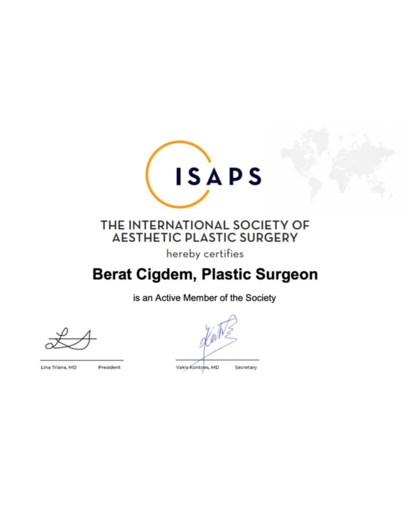 A high-resolution, formal digital certificate issued by the International Society of Aesthetic Plastic Surgery (ISAPS) certifying Dr. Berat Cigdem as an active member. The document features the official ISAPS logo in gold and black at the top, a clean white background, and professional typography. It includes the formal signatures of the President, Lina Triana, MD, and the Secretary, Vakis Kontoes, MD, at the bottom. The overall aesthetic is clinical, prestigious, and minimalist, emphasizing professional credibility and medical accreditation.