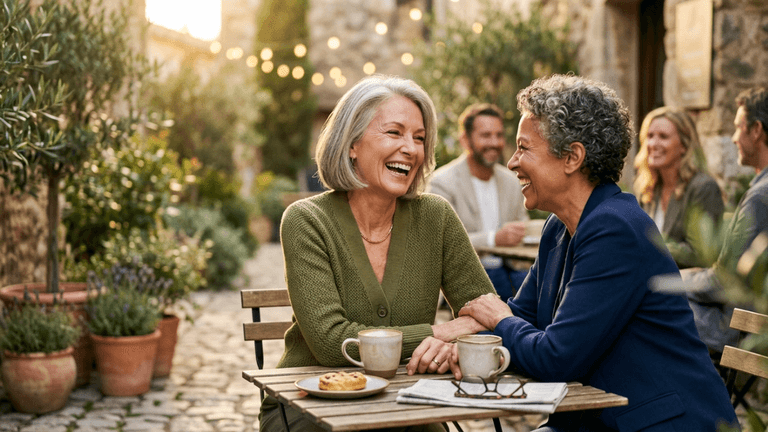 A hyper-realistic 8K editorial photograph capturing a candid, heartwarming moment between two middle-aged women enjoying coffee at an outdoor bistro. Shot with an 85mm lens, the composition achieves a shallow depth of field, rendering the rustic stone courtyard and warm bokeh fairy lights in the background with exquisite softness. The lighting is masterfully handled, utilizing the golden hour’s soft, directional glow to illuminate the subjects, highlighting the natural textures of their skin and the elegant grey tones of their hair. The woman on the left wears a textured, high-quality olive-green knit cardigan, while the woman on the right is dressed in a crisp, tailored navy-blue blazer. The focus is razor-sharp on their genuine, joyful expressions and the gentle connection of their hands resting on the wooden table. The atmosphere is one of sophisticated leisure and timeless connection, evoking a lifestyle-oriented, high-end editorial aesthetic.