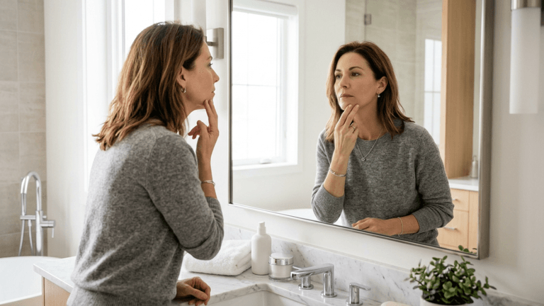 A professional editorial portrait, captured with an 85mm lens at f/2.8 to achieve hyper-realistic 8K clarity, depicting a woman in a serene bathroom setting. The lighting is soft and natural, streaming from a side window to create gentle, flattering highlights on her skin and emphasizing a contemplative expression. The subject, a woman with refined features, is seen gazing into a mirror with a hand delicately touching her jawline, showcasing a posture of quiet self-reflection. Her skin texture is portrayed with realistic, soft luminosity and natural warmth. She is dressed in a cozy, high-quality grey cashmere sweater, accessorized with simple, elegant silver jewelry, including delicate earrings, a necklace, and a bracelet. The composition is balanced, featuring a clean, modern bathroom interior with a white marble vanity, a sleek mirror, and minimalist decor, creating a sophisticated and tranquil lifestyle aesthetic.