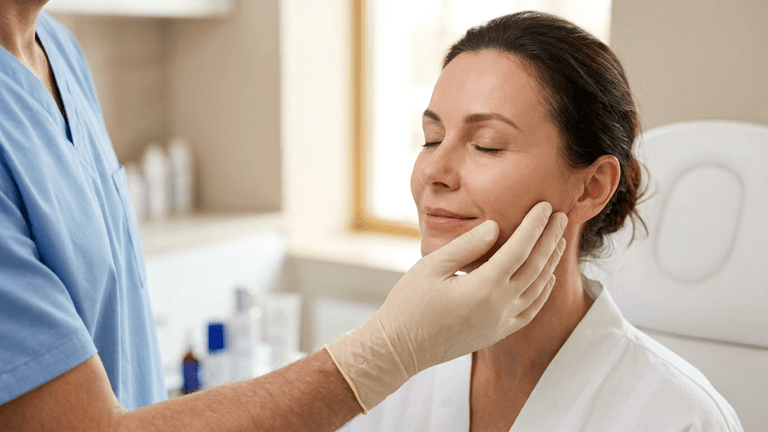 A hyper-realistic, clinical portrait captured with an 85mm macro lens, showcasing a professional aesthetic consultation. The composition focuses on the gentle, precise interaction between a practitioner wearing a light blue scrub top and a female patient in a white gown. The lighting is soft and diffuse, typical of a high-end medical clinic, creating a serene and professional atmosphere. The patient’s skin texture is captured with remarkable clarity, displaying a natural, healthy luminescence. The practitioner’s hand, encased in a medical-grade latex glove, provides a subtle contrast, emphasizing the clinical precision of the examination. The shallow depth of field softly blurs the clean, modern interior background, keeping the focus entirely on the delicate engagement between clinician and client.