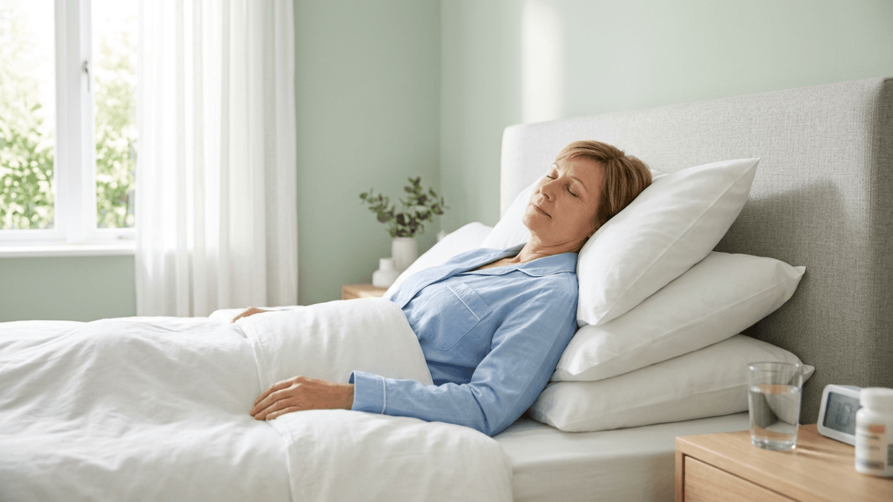A middle-aged woman resting in bed with her head elevated on multiple pillows during neck lift surgery recovery, next to a nightstand with water and medication.