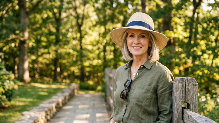 A hyper-realistic, 8k professional portrait of a mature woman with sophisticated grey hair, captured with an 85mm portrait lens to achieve a shallow depth of field. She is positioned in a serene woodland setting, leaning gently against a rustic wooden fence. Her attire consists of a textured olive-green linen shirt, accessorized with a pair of sunglasses hooked to the placket and a delicate necklace. The lighting is characterized by soft, dappled natural golden hour sunlight filtering through the trees, creating a warm, luminous glow on her skin and emphasizing her elegant facial features. The background features a blurred, lush green forest path, maintaining a peaceful, editorial aesthetic that emphasizes the subject's poised and confident posture.