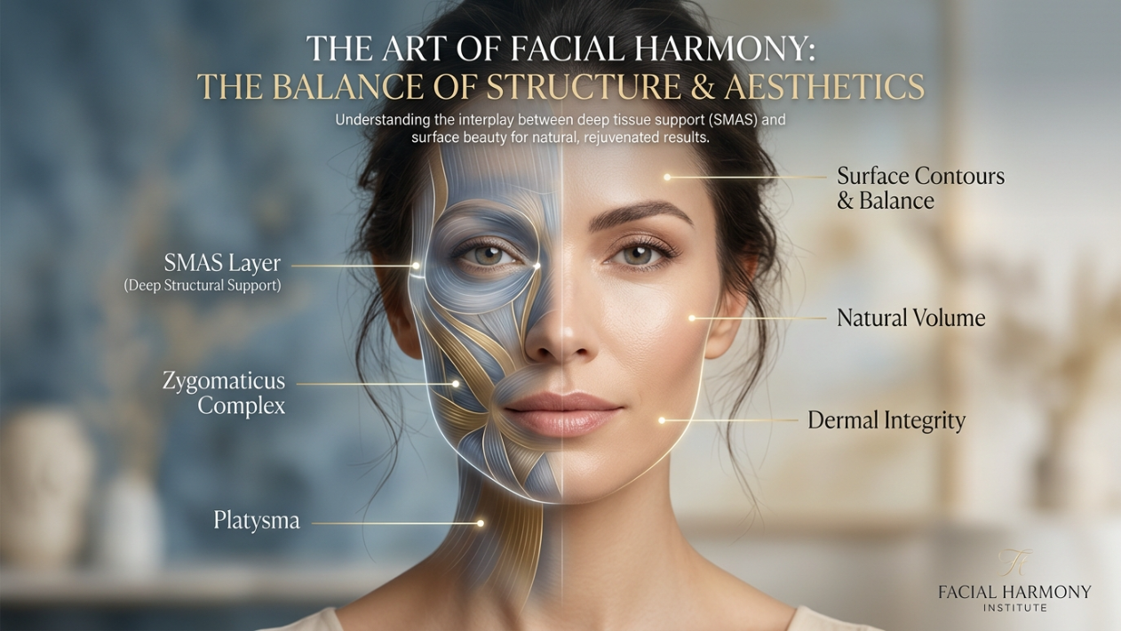 Split-face diagram illustrating Facial Expression anatomy with SMAS layer, Zygomaticus complex, and platysma on one side, and surface aesthetics on the other